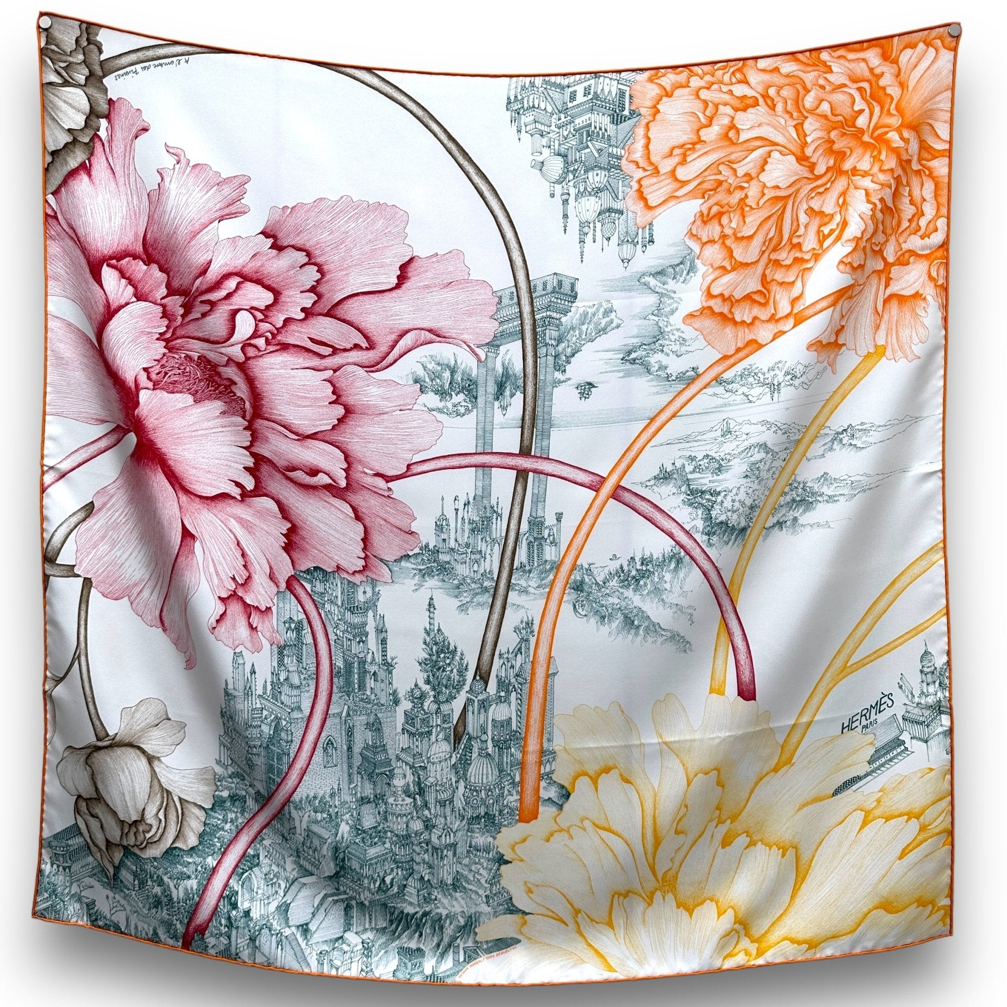 À l'ombre des pivoines - FOULARD HERMES 90 - Carré Society