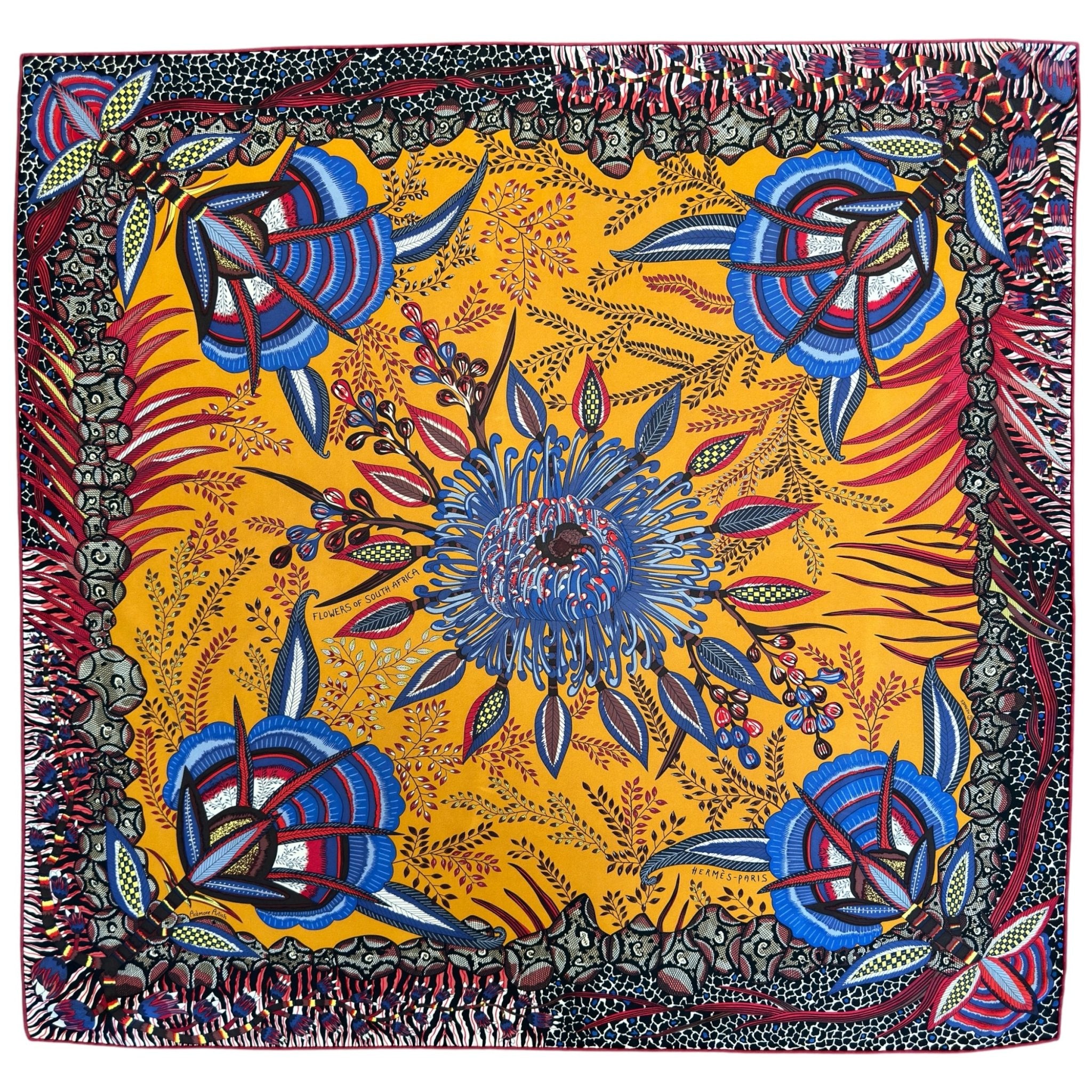 carre hermes flowers of south africa bleu et jaune