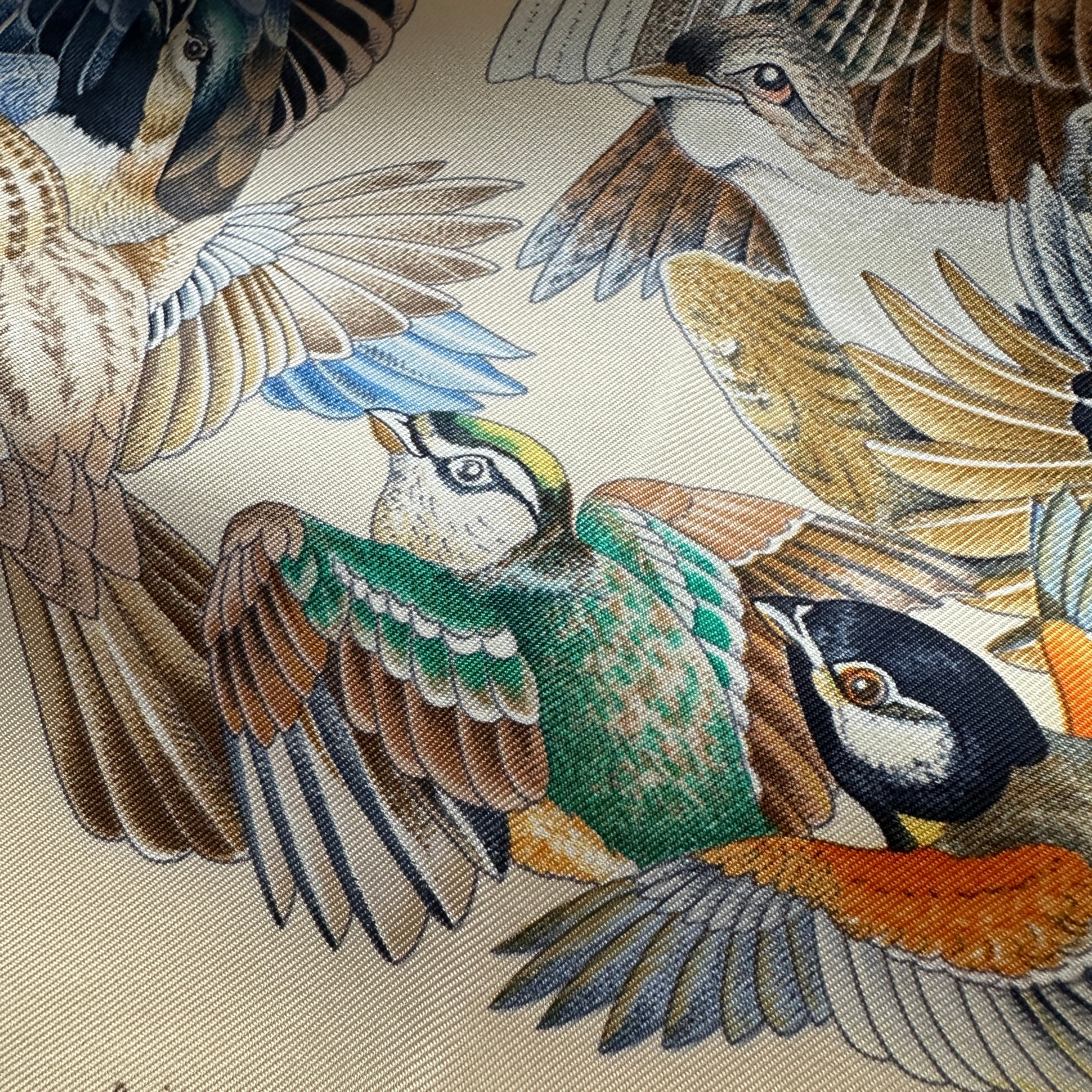 Zoom macro sur les plumes d'un petit oiseau vert et jaune, démontrant la finesse de l'impression Hermès.