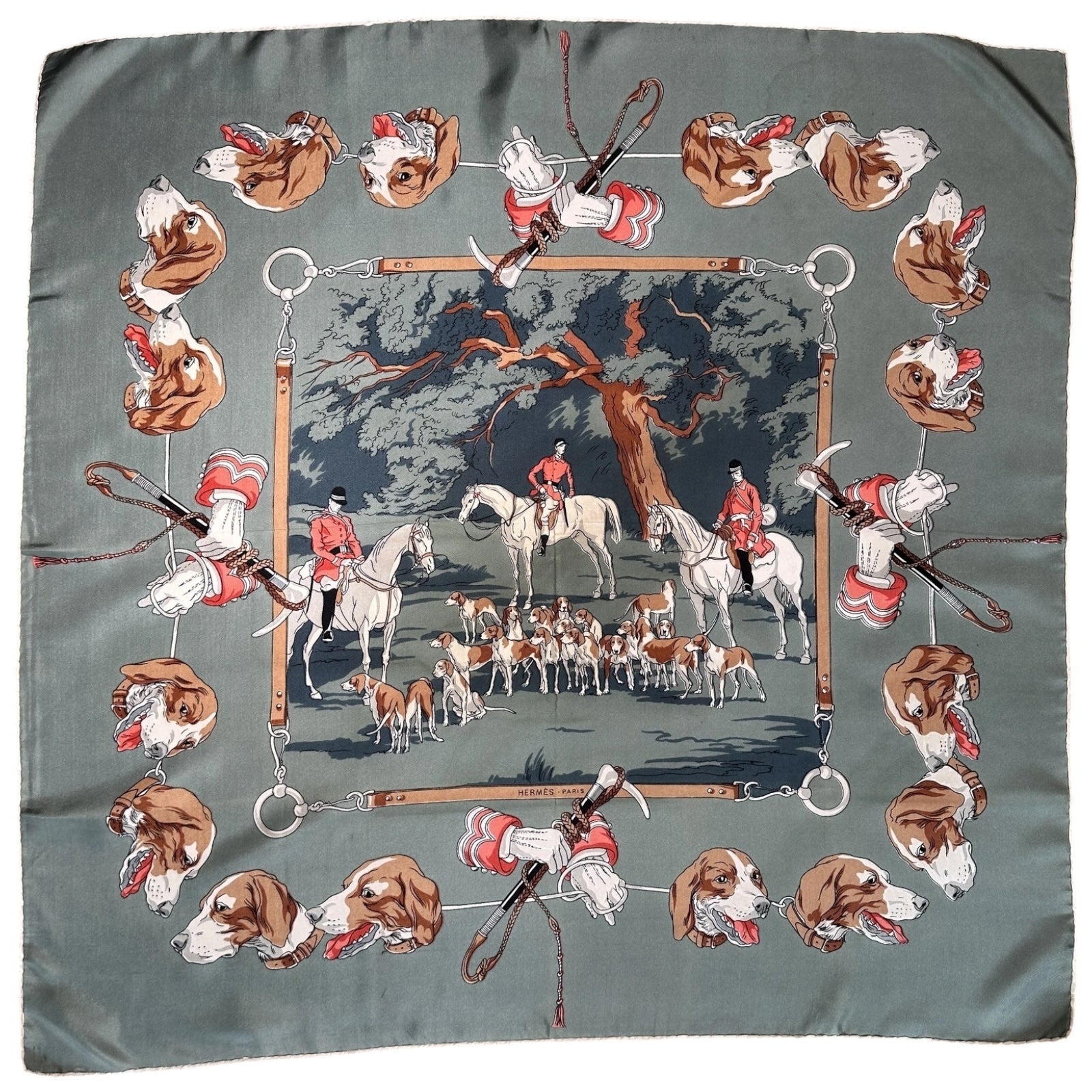 Carré Hermès Chasse à courre 90 cm en soie, Hugo Grygkar 1951 – vue d’ensemble