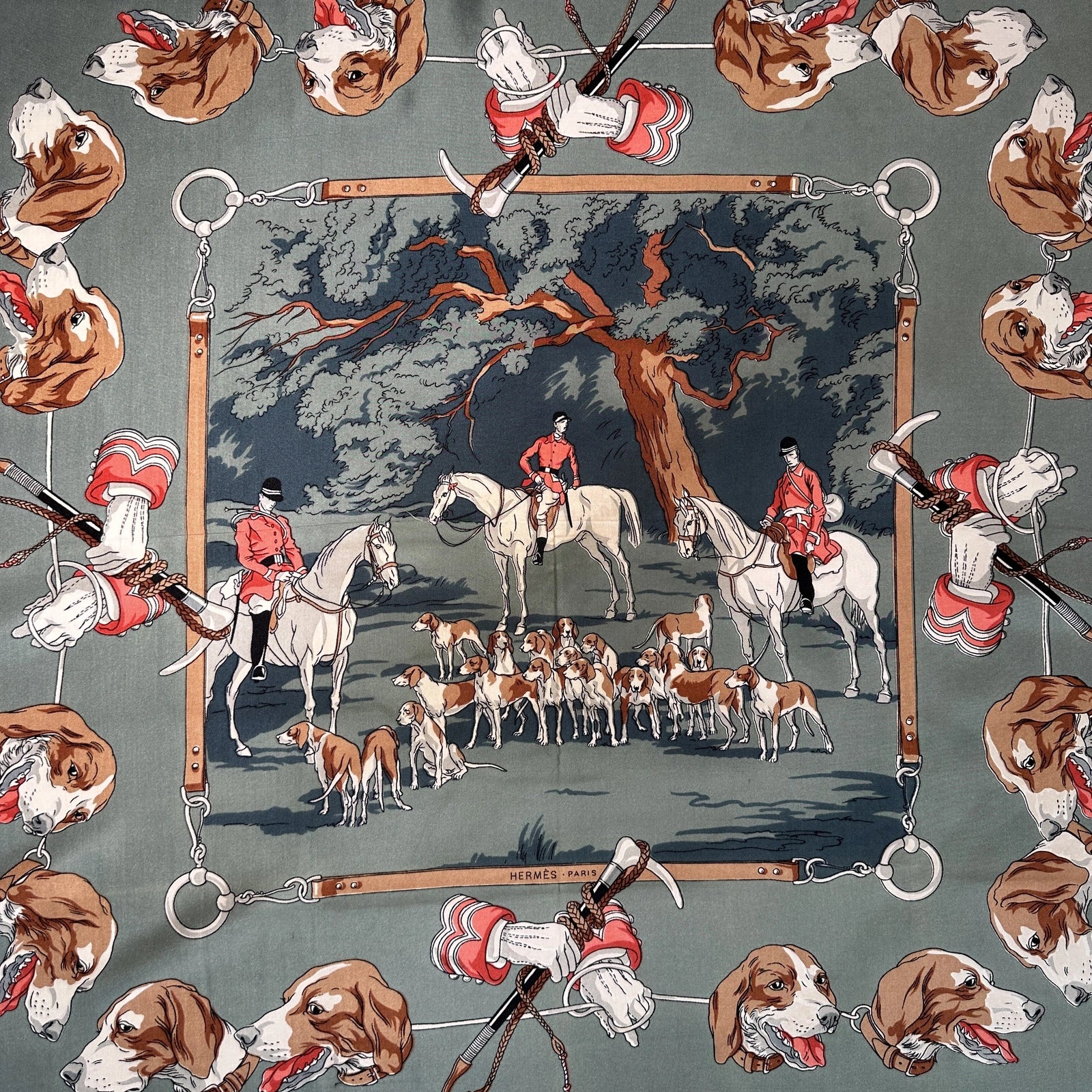 Foulard Hermès Chasse à courre vintage 90 cm – détail de la scène centrale