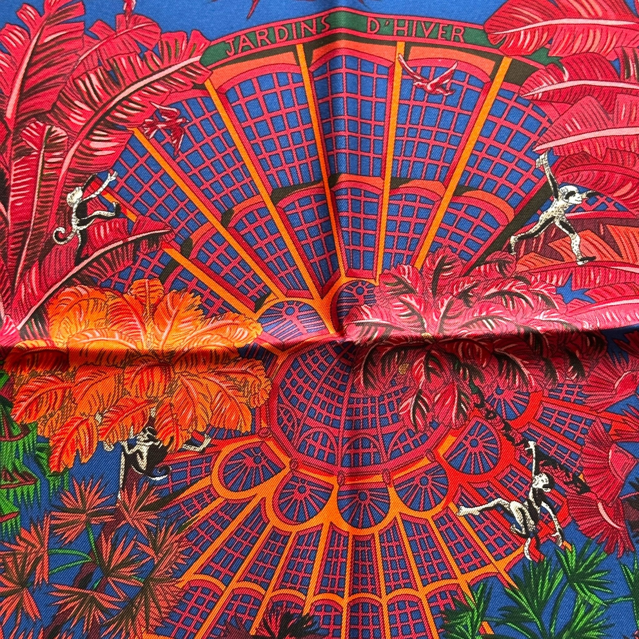 centre du foulard carre hermes jardins d hiver dessin de verriere avec des singes et des oiseaux