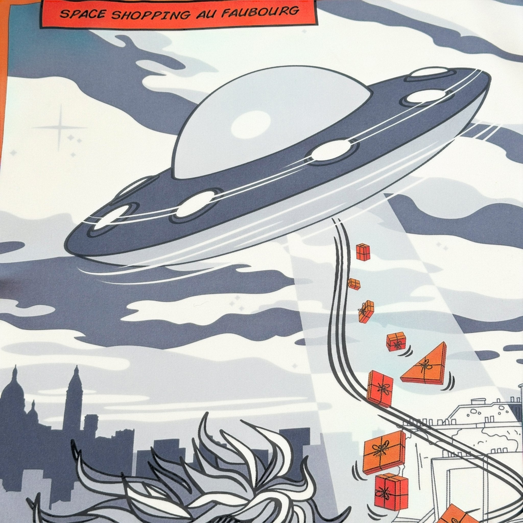 foulard hermes carre 90 cm space shopping au faubourg dessin soucoupe volante deversant cadeaux dans boites oranges