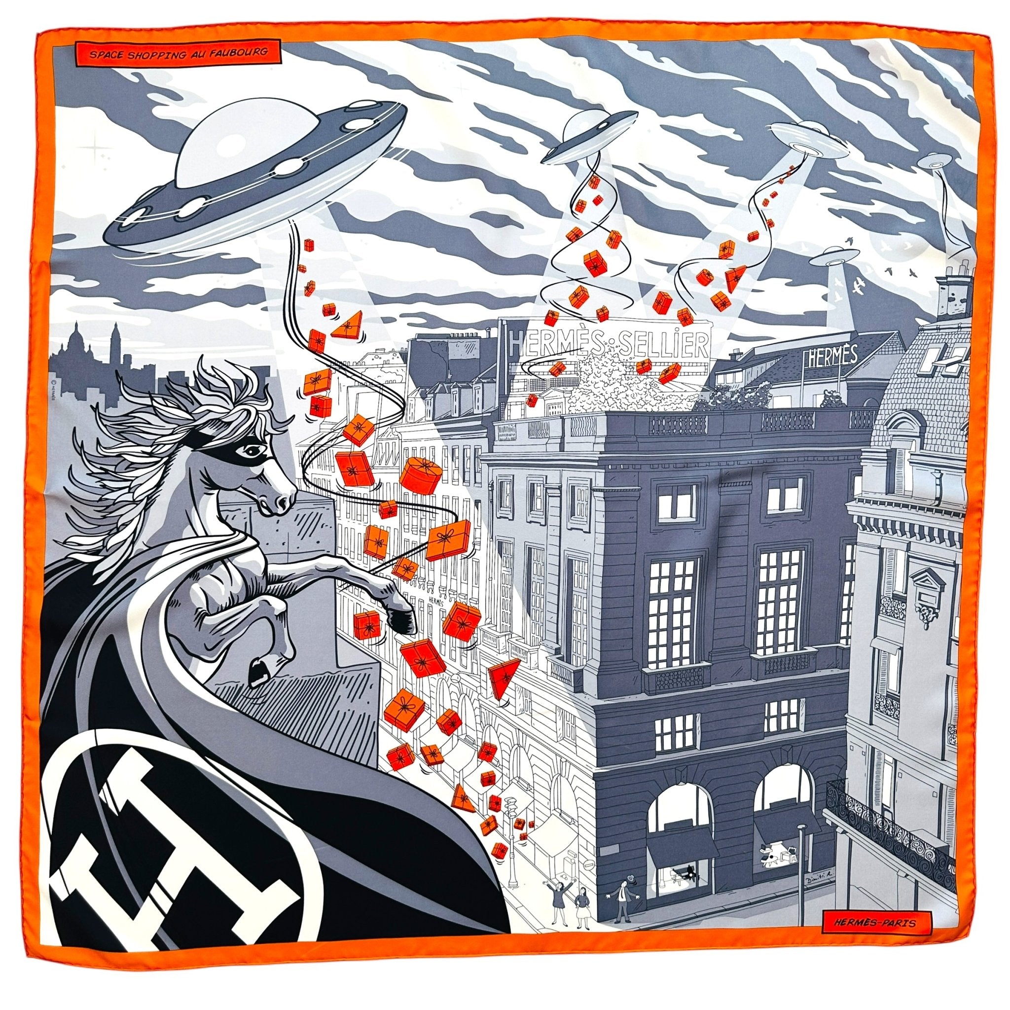 foulard hermes carre 90 cm space shopping au faubourg gris et orange