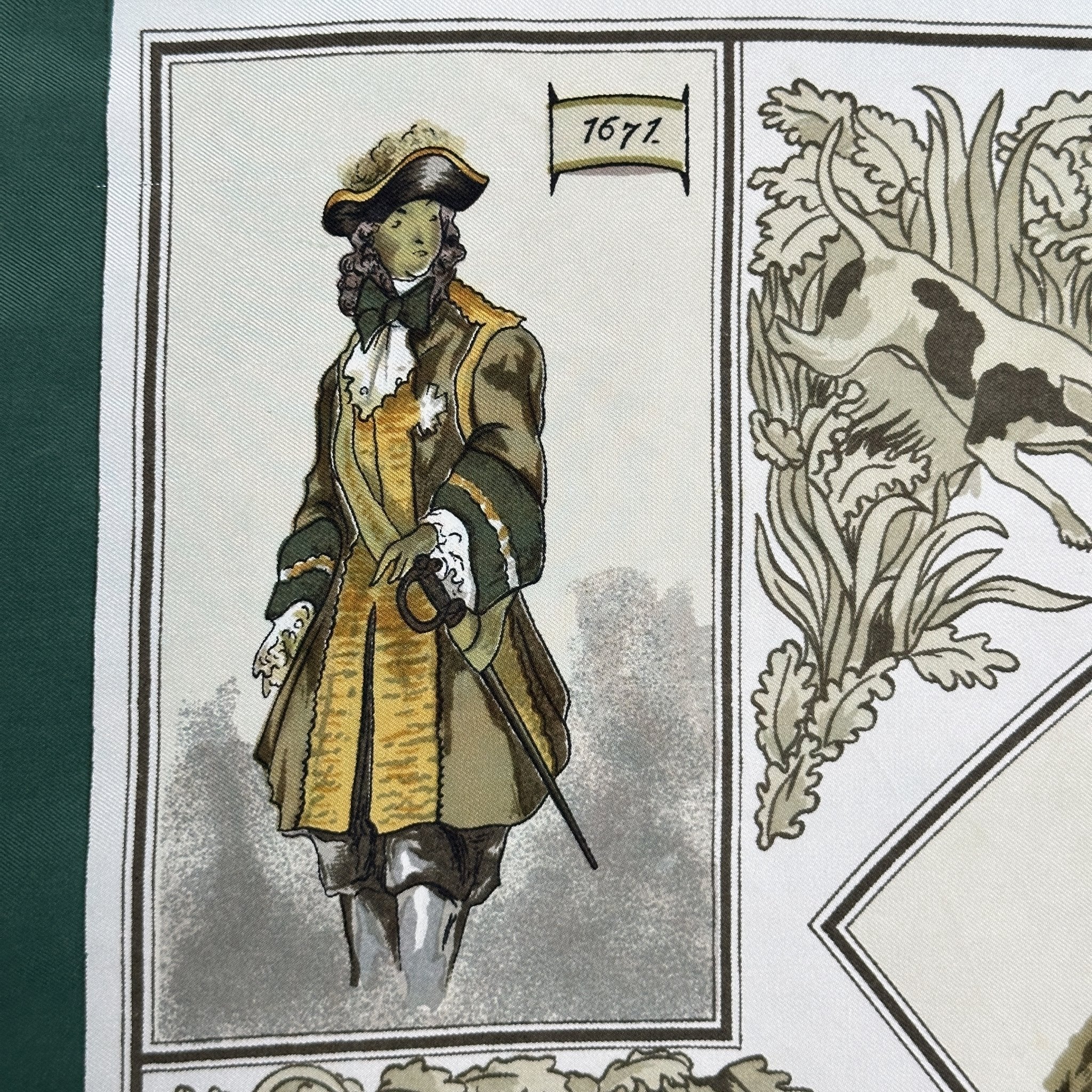 detail du dessin du foulard un homme en costume de chasse datant de 1671