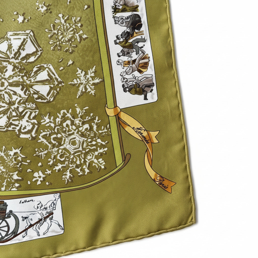 Détail du roulotté main du gavroche Hermès "Neige d'antan", couleur bronze