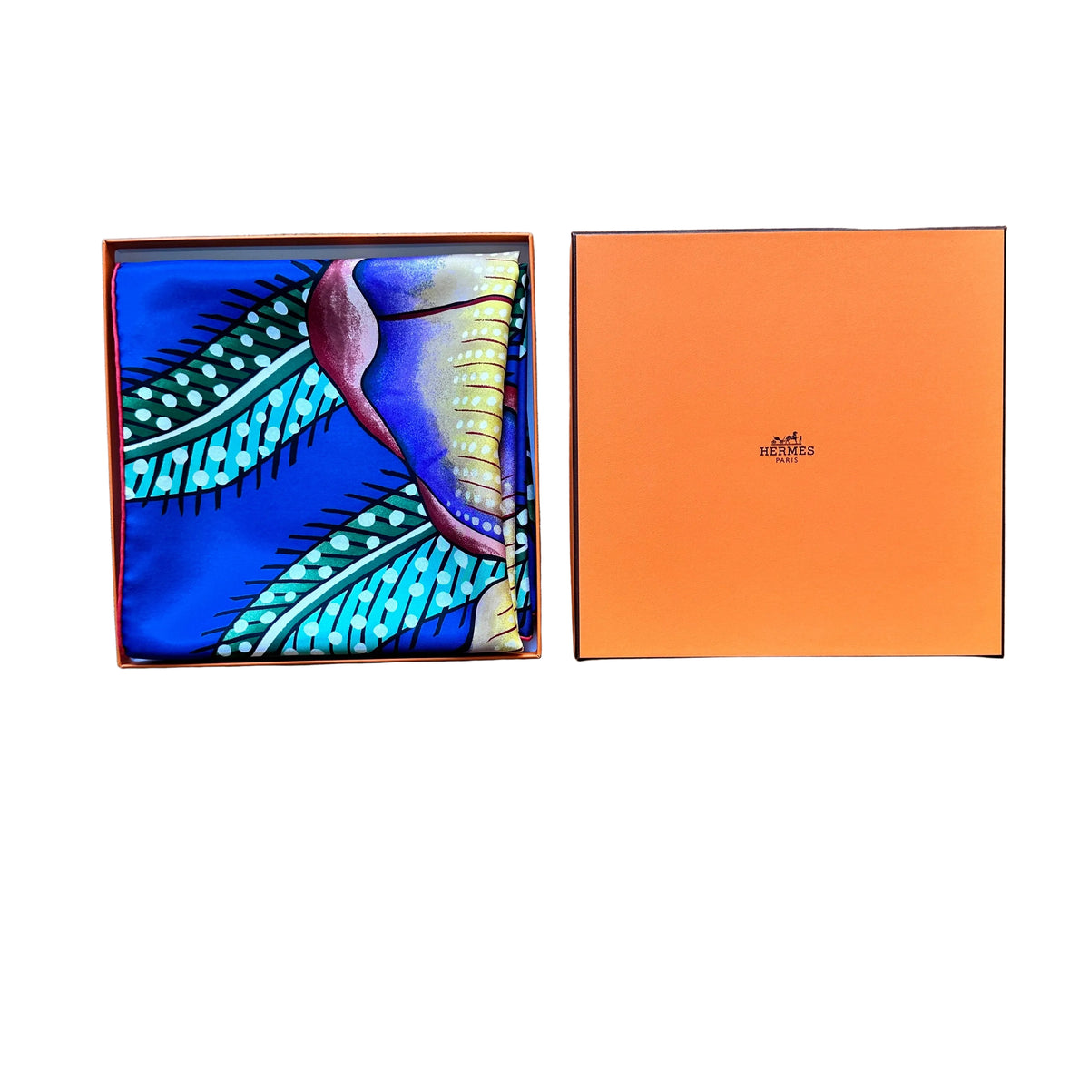 foulard hermès baobab cat replié dans sa boite orange hermès d'origine 